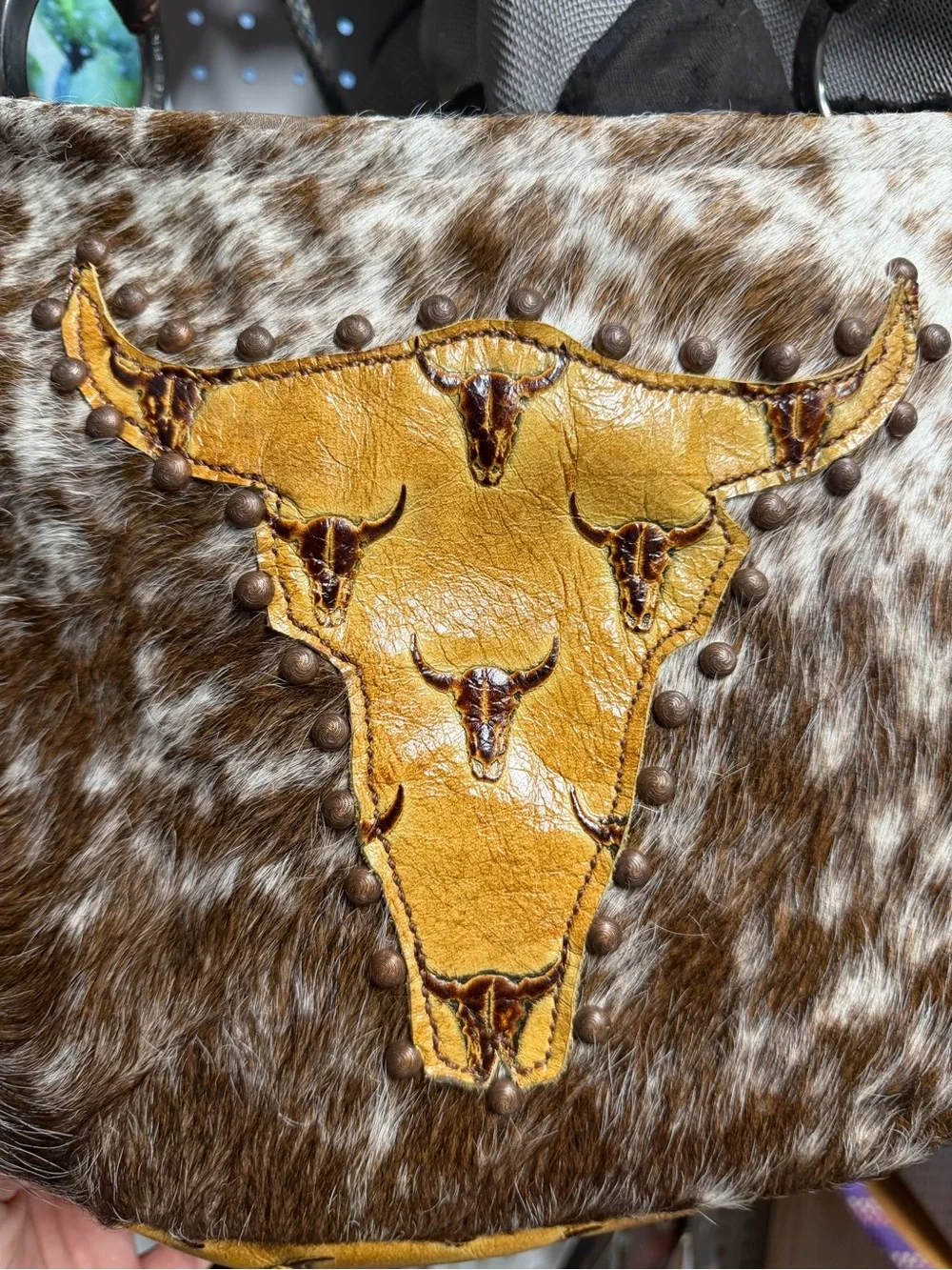 Western Hair On Hide Shoulder Bag with Bull Skull Accent - Tan/Brown